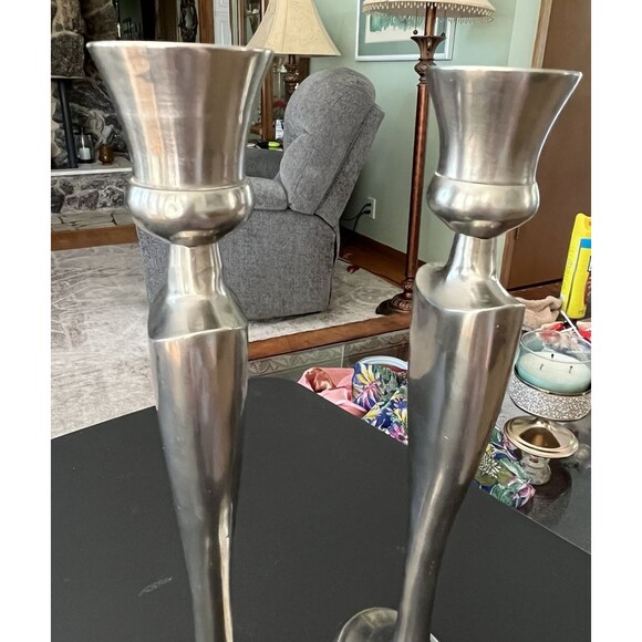 Vintage Brushed Silver Tone Pair of Taper Candlesticks Measures 11 3/4" Tall - Picture 5 of 7